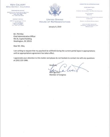 Rep. Calvert asked for his Congressional pay to be withheld